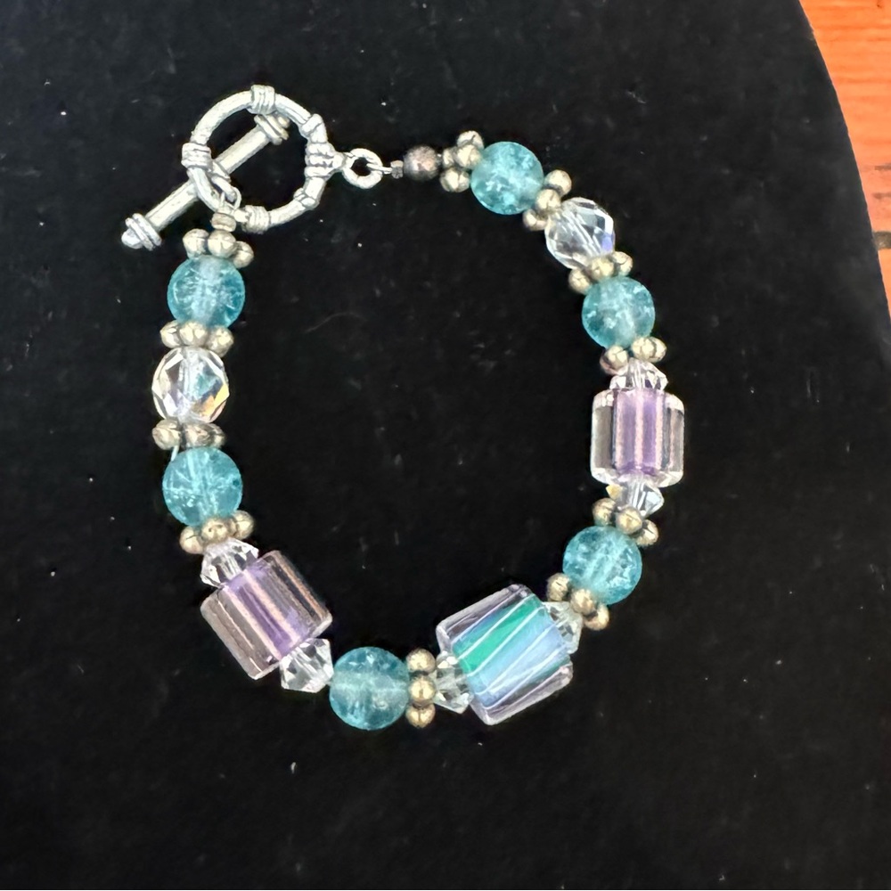 Small Lampwork Glass Bracelet - Silver Purple Blue Clear - Picture 2 of 9